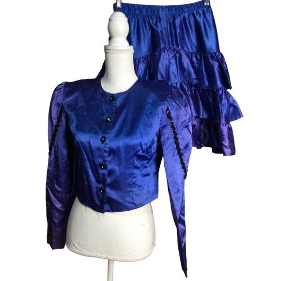 Vintage 80s Tiered Skirt Jacket Top Set size 3 4 iridescent shiny sequined cropp - Picture 1 of 15
